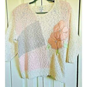 Margules 80s M Vintage‎ Sweater Pastel Floral Pink Hand Knit Retro Medium Prop